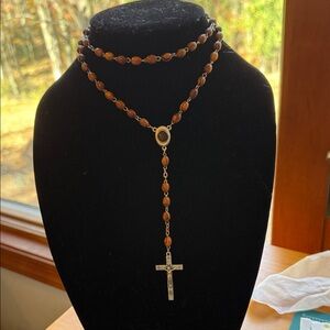 Olive wood rosary, prayer beads, corded, catholic necklace with Jerusalem soil